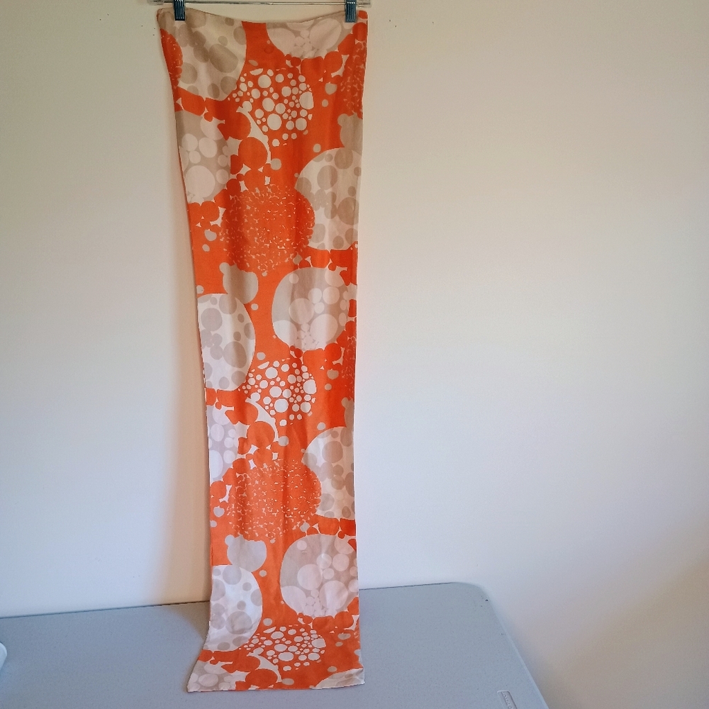 100% Silk, double layered silk scarf; orange circle design; nice tooth